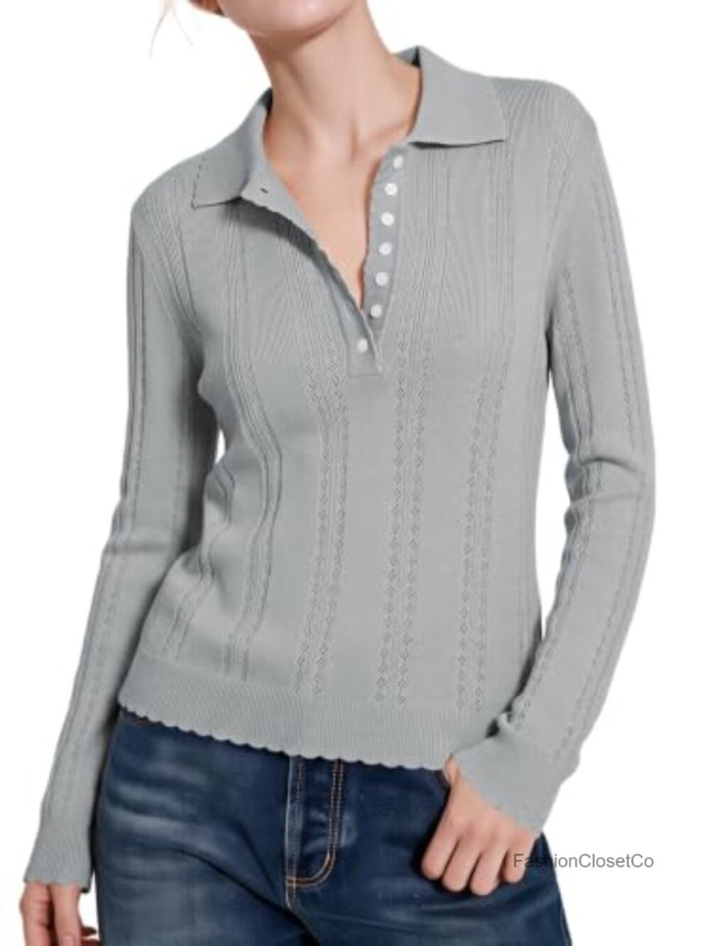 Pointelle Knit Long Sleeve Henley Polo Top
